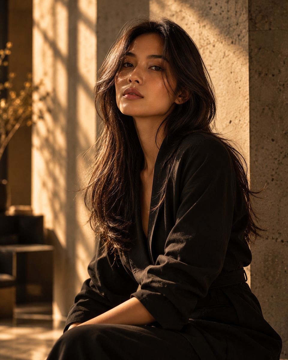 Anya, seated against a sunlit limestone wall, long dark hair falling over a black jacket.