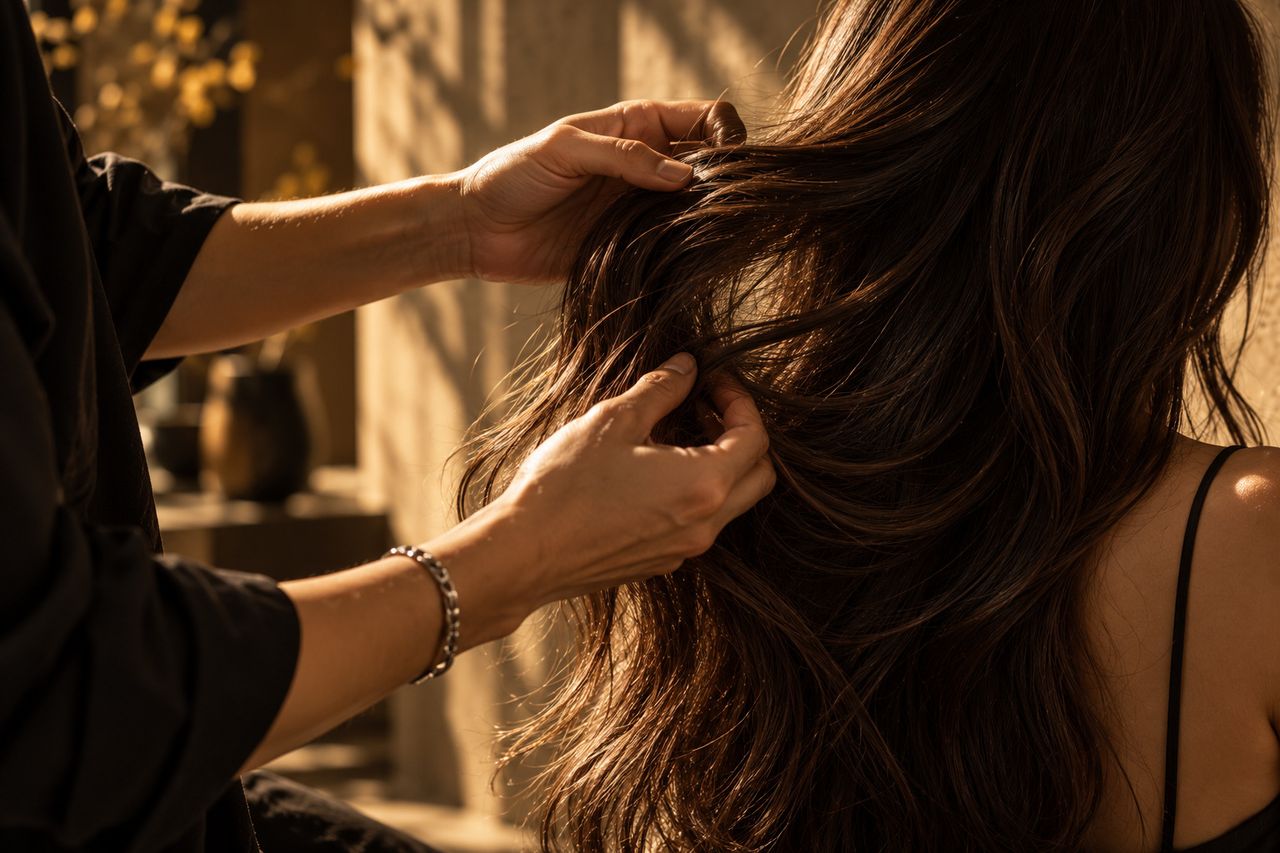 An artist’s hands lifting and arranging a client’s long dark hair in warm side light.