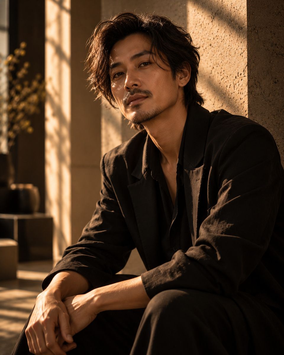 Krit, seated in a black jacket in warm late light, dark tousled hair and a trimmed moustache.
