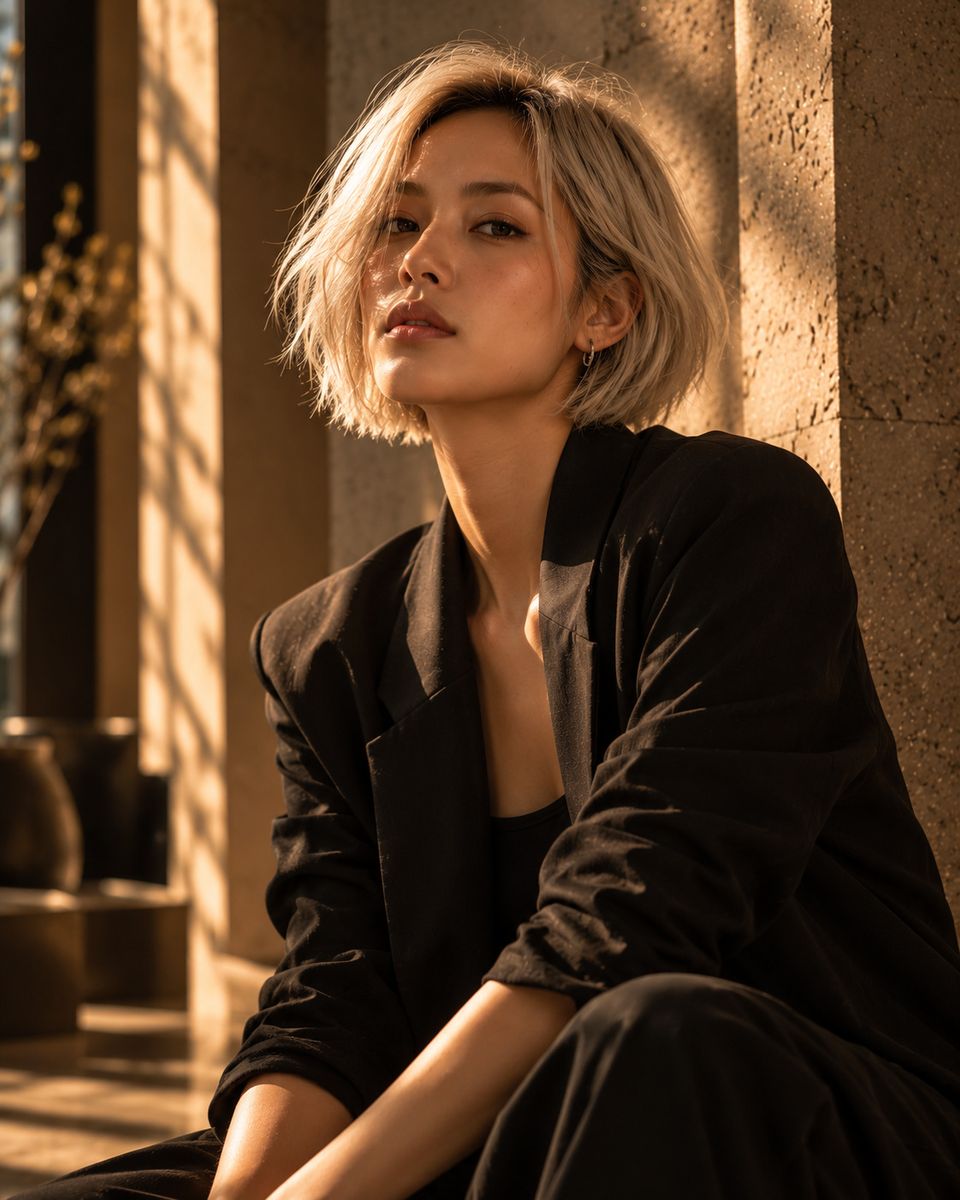 Mali, with a pale blonde bob, seated in a black jacket beside limestone columns.