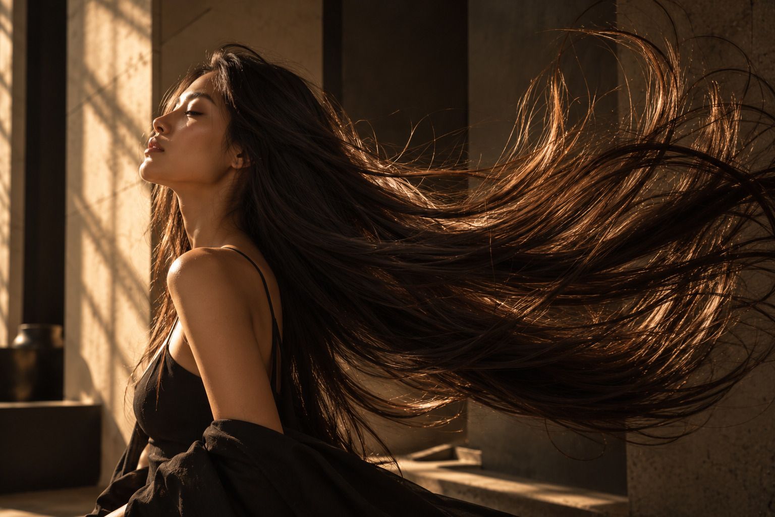 A woman in profile, eyes closed, her long dark hair sweeping out behind her through the sunlight.