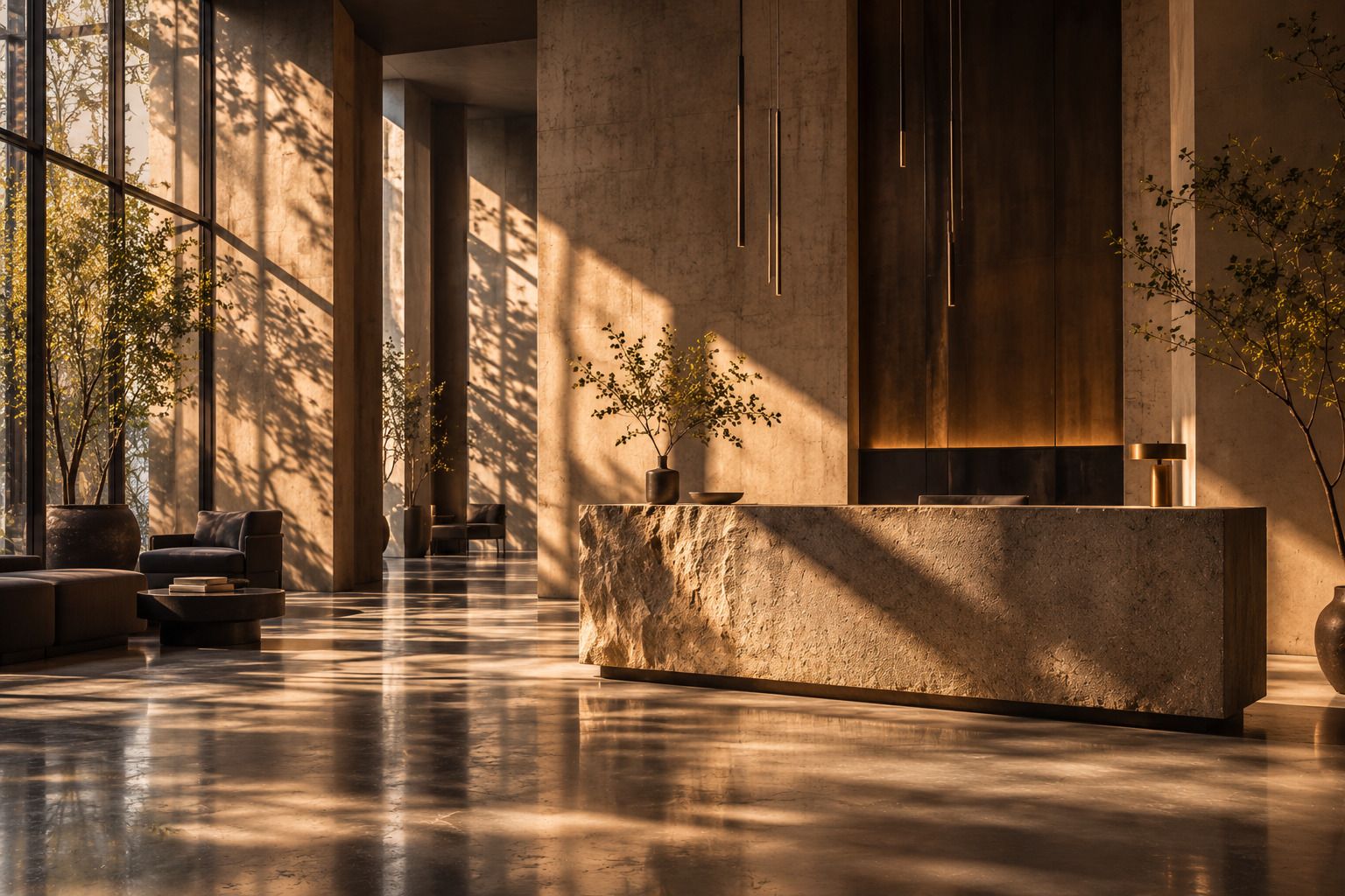 The reception: a long limestone desk before a walnut wall, with daylight falling across a polished floor.