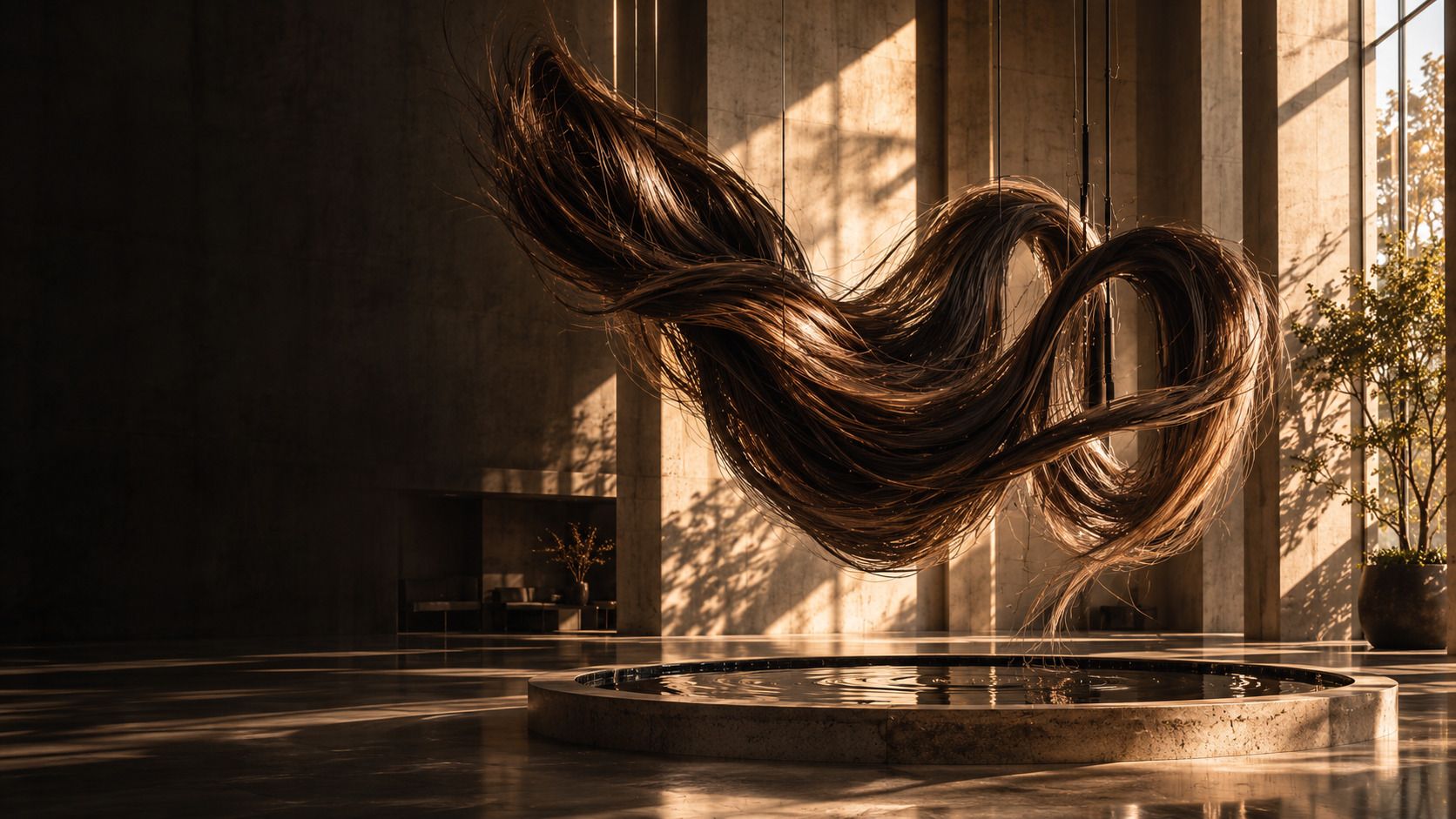 A ribbon of dark hair suspended on fine wires above a circular stone basin, in a sunlit limestone hall.