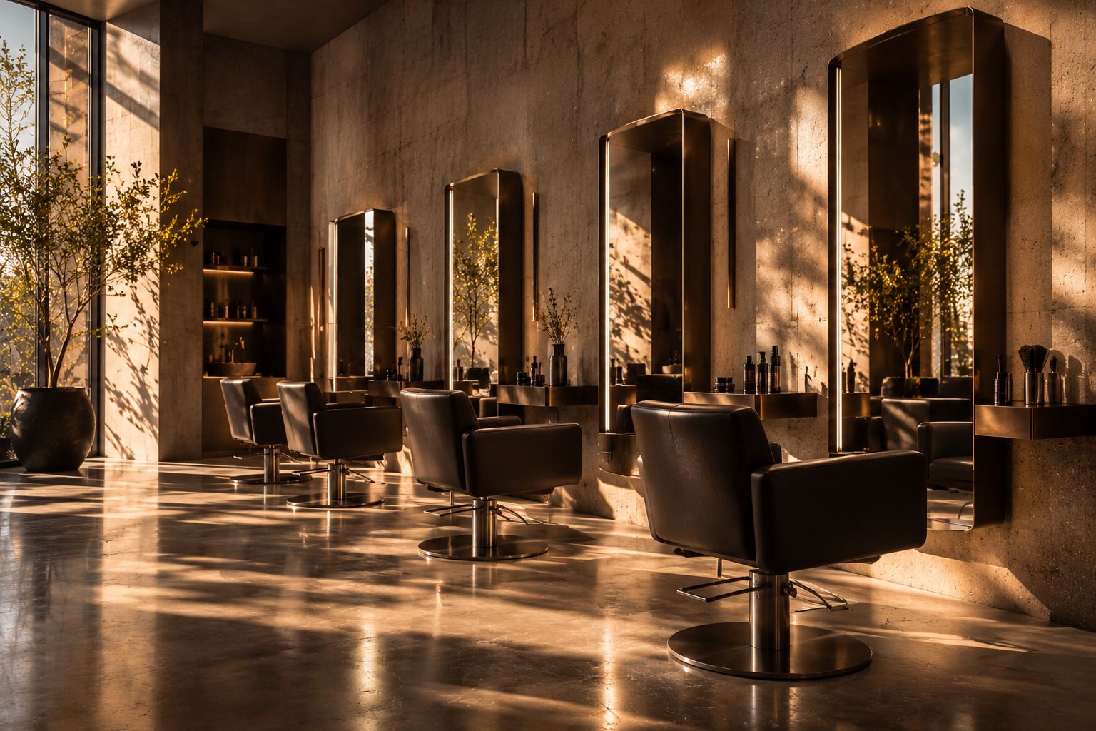 The styling floor: black leather chairs spaced along tall mirrors, in low afternoon sun.